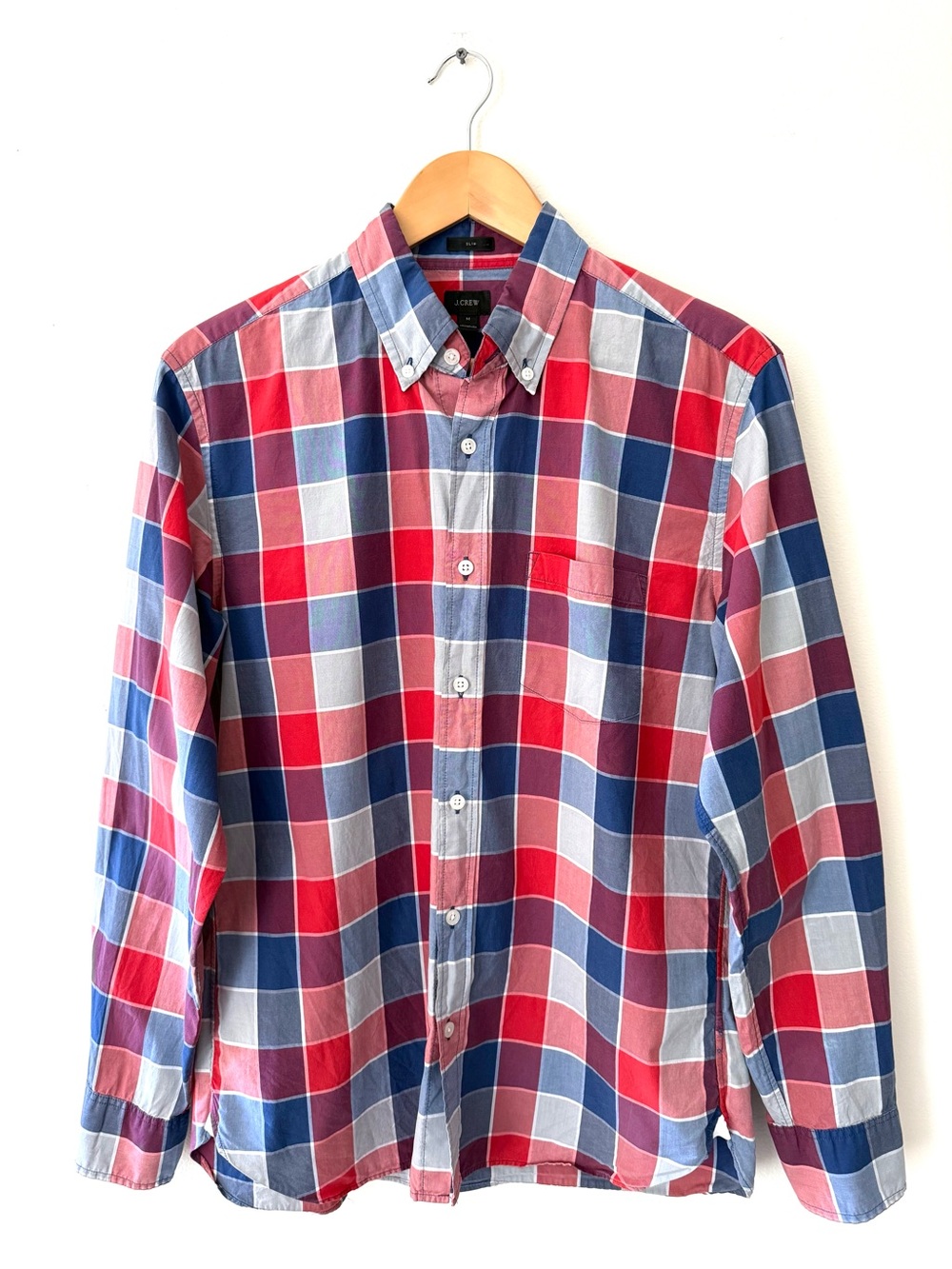 J Crew Mens Slim Fit Plaid Button Down Shirt M Red Blue Cotton Preppy Heritage